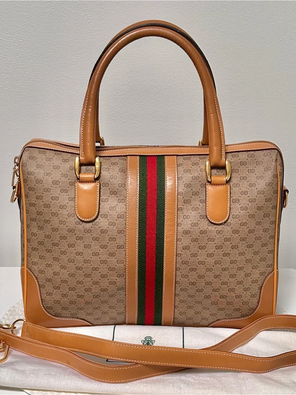 Gucci Tan GG Supreme 2-Way Satchel Boston Bag w/Green-Red Web Stripe Vintage